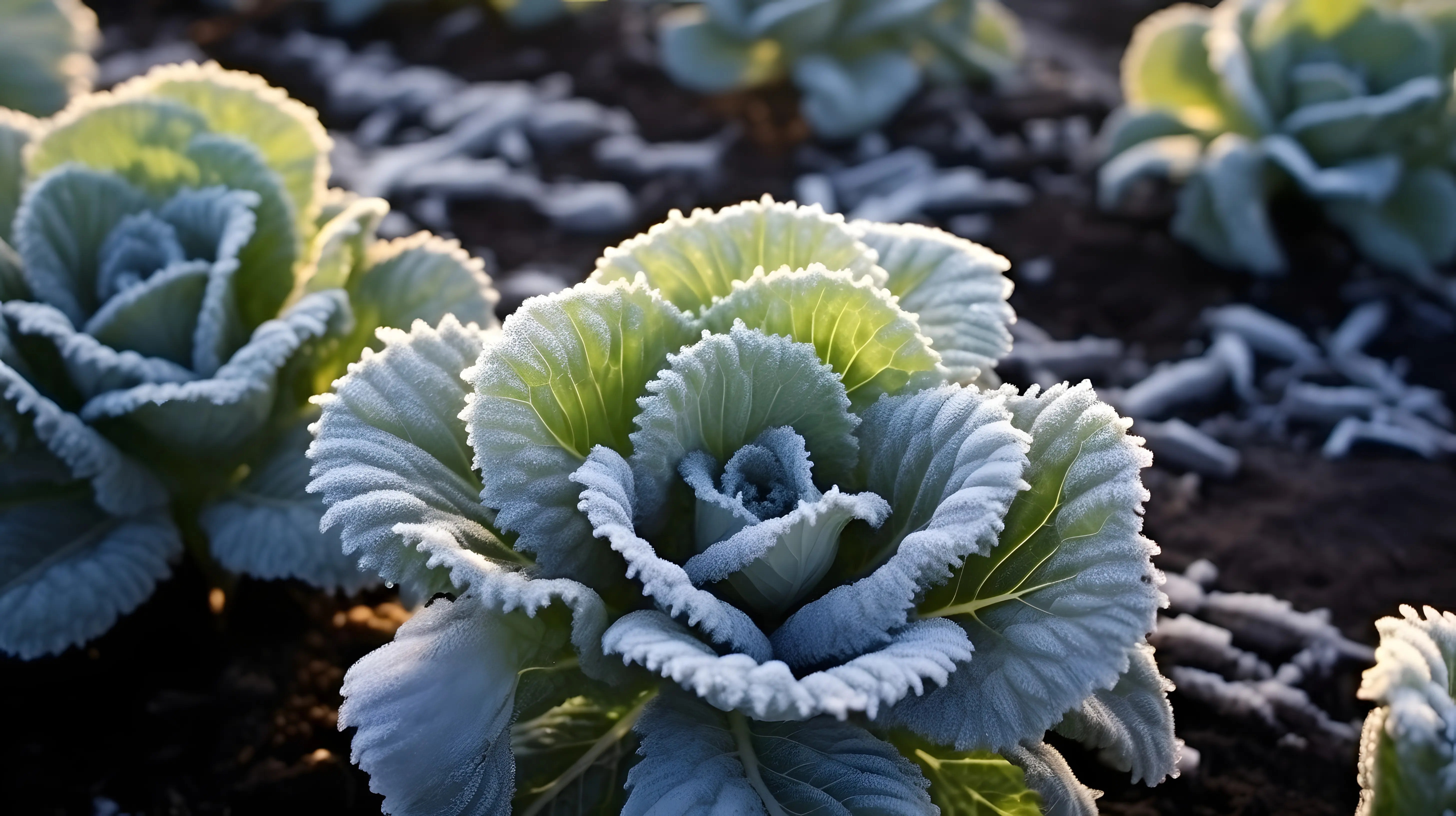 A close-up of a frost-covered cabbage plant growing outdoors on an allotment on a cold, icy winter day.