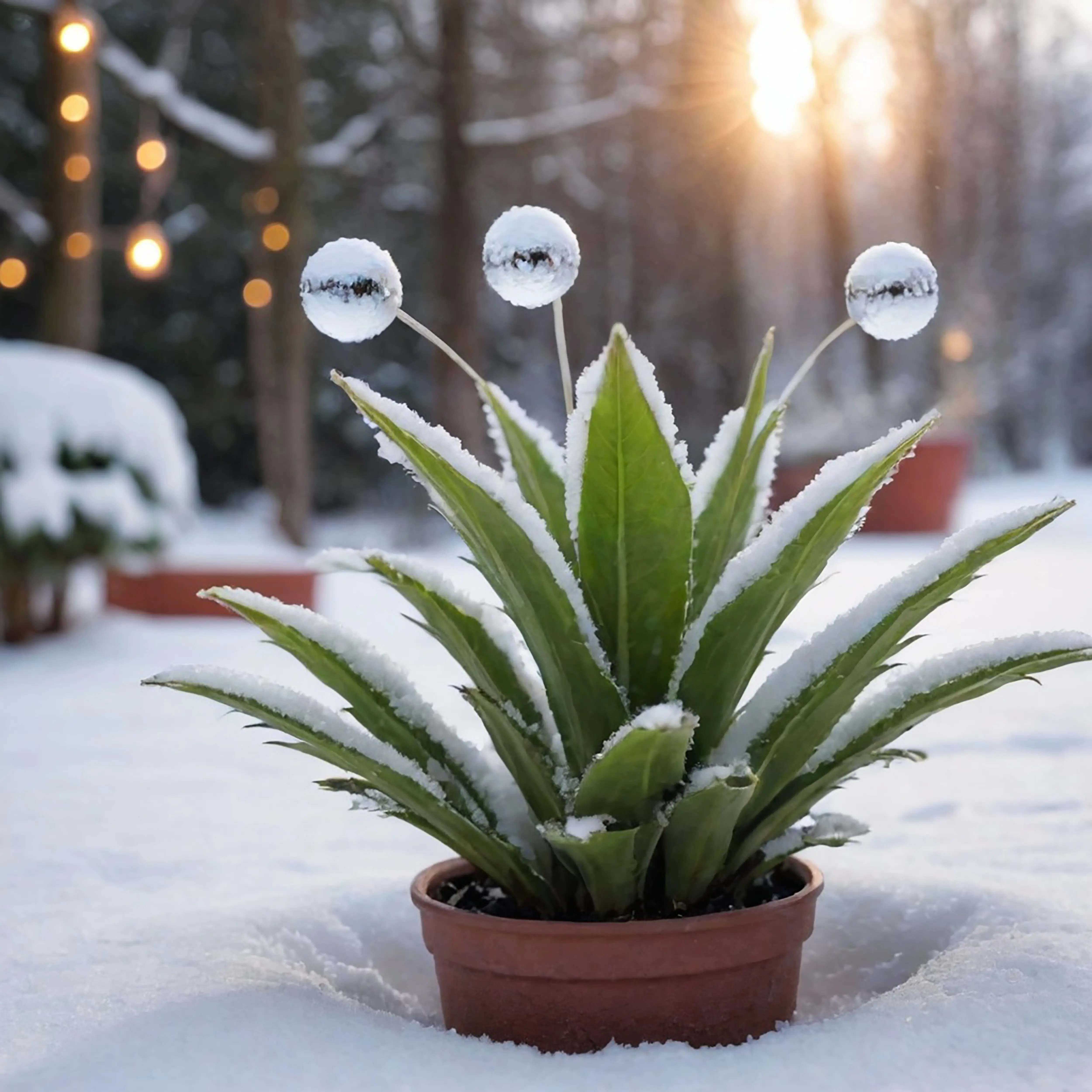 A snow-covered flower in snow, with a blurry background.